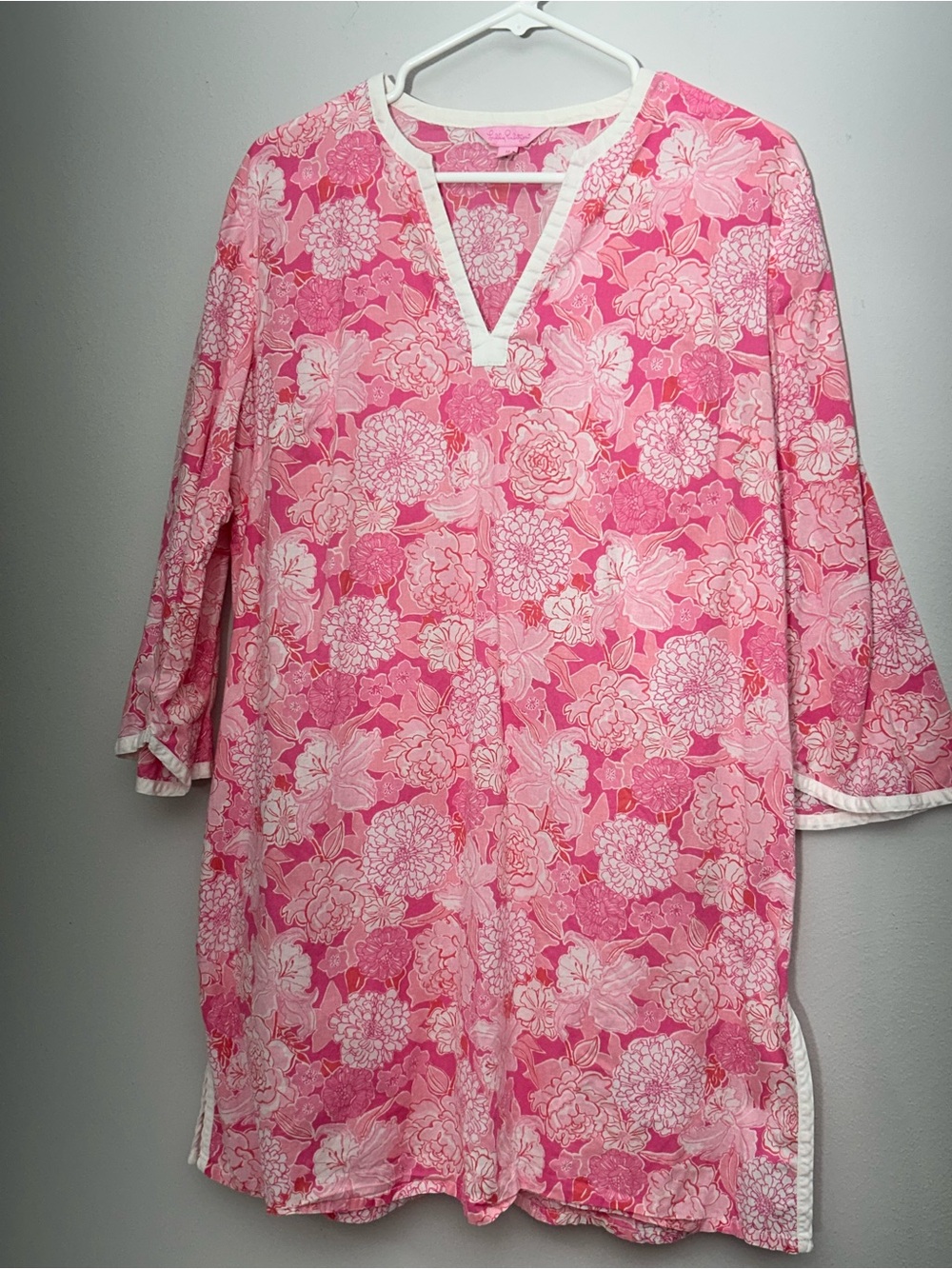 Lilly Pulitzer Vintage Pink Floral Tunic with White Trim, Side Slits Size M
